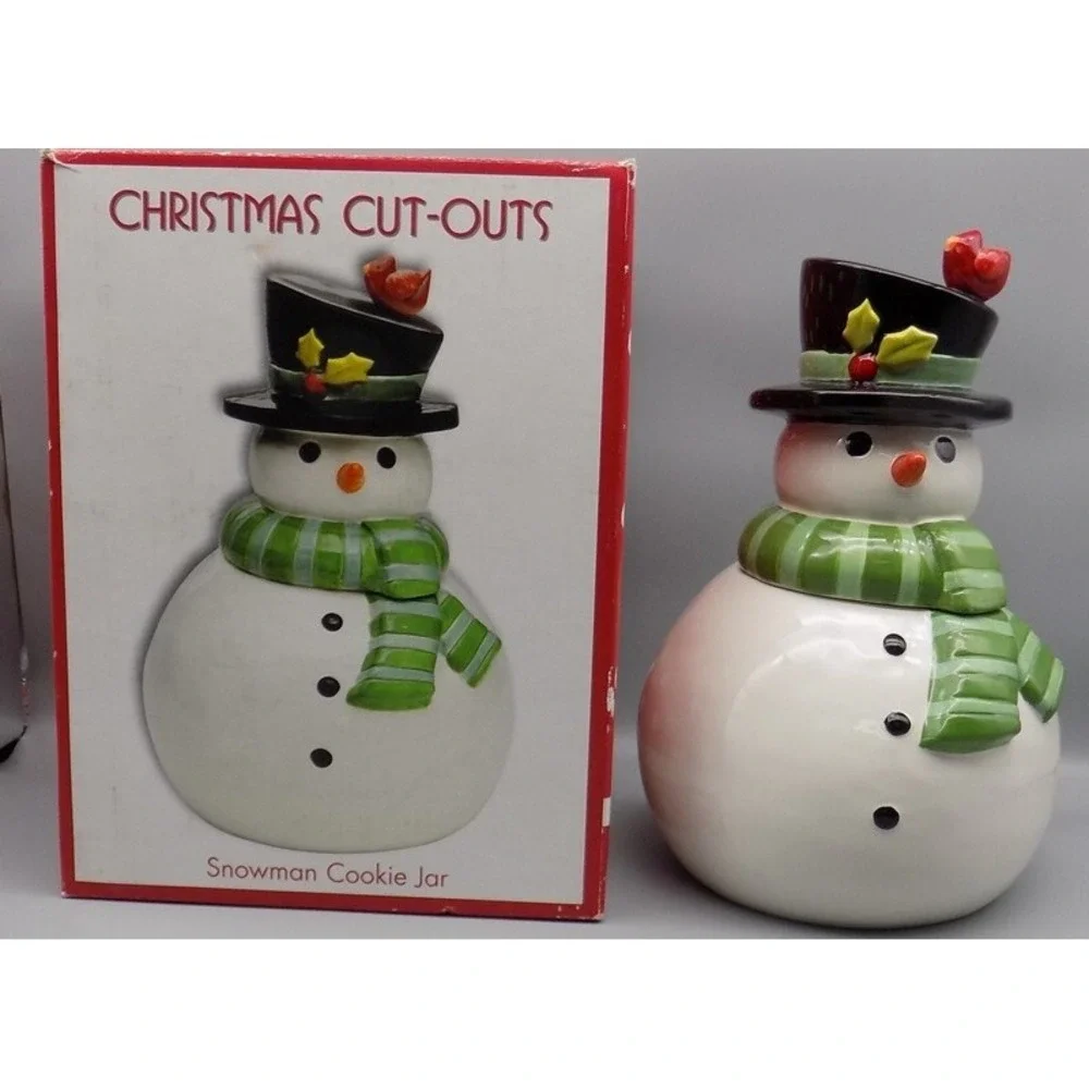 New Sue Zulauf Snowman Cookie Jar Oneida Christmas Cut-Outs in Box Design
